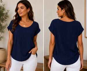 Wonderly from Belk Navy Blue Swiss Dot Blouse Top Size Small Oversized